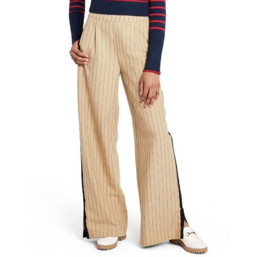 Wide Leg Pinstripe Business Pants in Beige